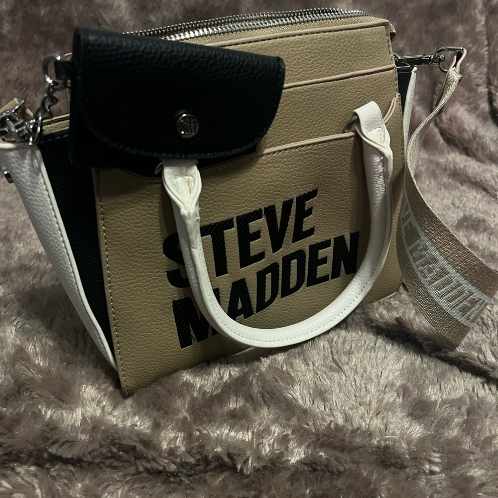 Steve Madden Beige, Black & White Logo Satchel with Detachable Strap